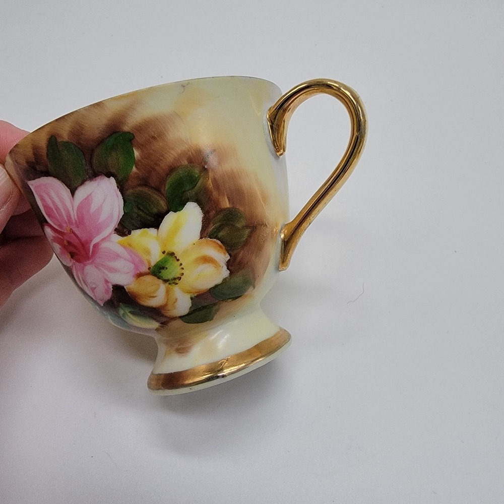 Vtg Enesco Floral Pedestal Cup & Saucer Set Gold Trim Accents Hand Painted E1432 - Picture 7 of 13
